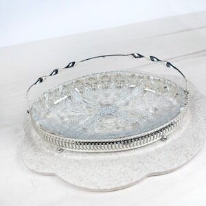 Vintage Silver Plated Crystal Divided Relish Tray 4 Sections Oval Basket Handle
